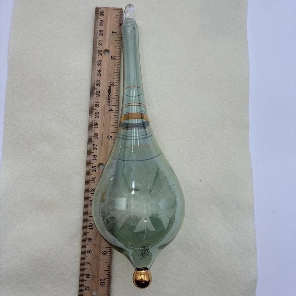 Vintage Egyptian Hand Blown Glass Ornament Green Etched Floral Gold Trim 9.75